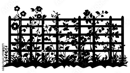 Various garden flowers growing near a wooden trellis in a landscaped area, Plant Vector Graphic