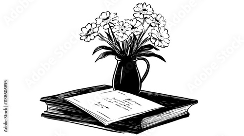 Vase of flowers placed on nightstand with handwritten letter, Plant Vector Graphic