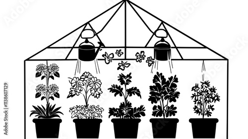 Watering system operating in a greenhouse with rows of flowering plants, Plant Vector Graphic