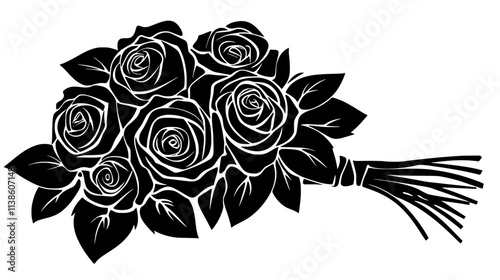 Wedding bouquet of roses held together with visible stems and surrounding leaves, Plant Vector Graphic