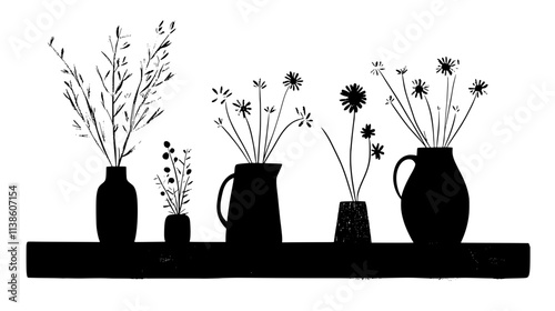 Wildflower assortment in copper pitcher on stone fireplace mantel, Plant Vector Graphic