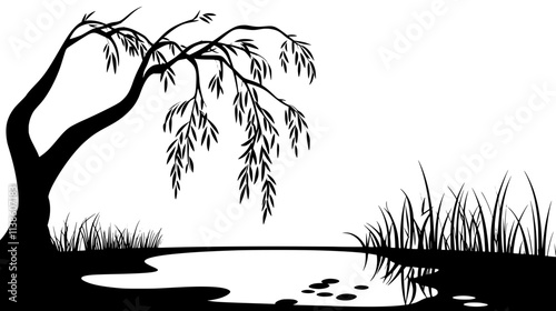 Willow tree with drooping branches swaying beside a calm water source, Plant Vector Graphic