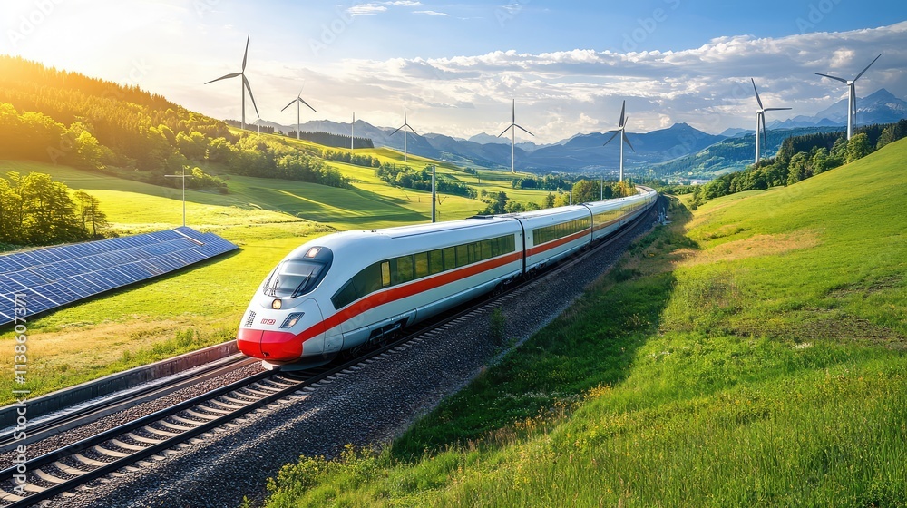 Fototapeta premium A sleek, eco-friendly high-speed train cutting through a green valley with solar panels lining the tracks and surrounding wind farms