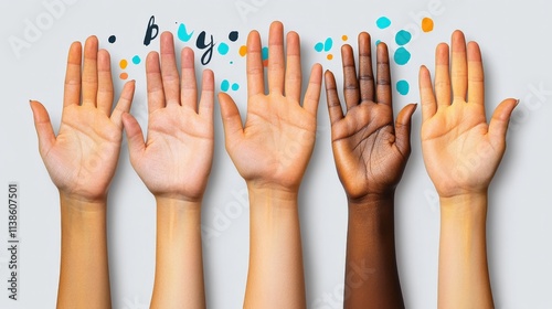 Diverse Human Hands Reaching Upward Against a Light Background in a Celebration of Unity and Inclusion with Colorful Dots and Playful Typography