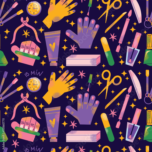 Nail care tools seamless pattern manicure accessories hands with polished nails. Colorful flat illustration of nail scissors, polish bottles, cuticle nippers, files. Nail care and beauty concept