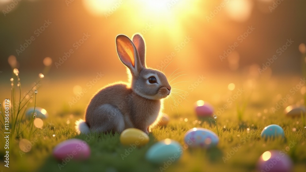 Realistic Easter Bunny at Sunrise Brown rabbit sitting in sunlit grass surrounded by colorful Easter eggs Realistic Easter Bunny at Sunrise Brown rabbit sitting in sunlit grass surrounded by colorful Easter eggs
