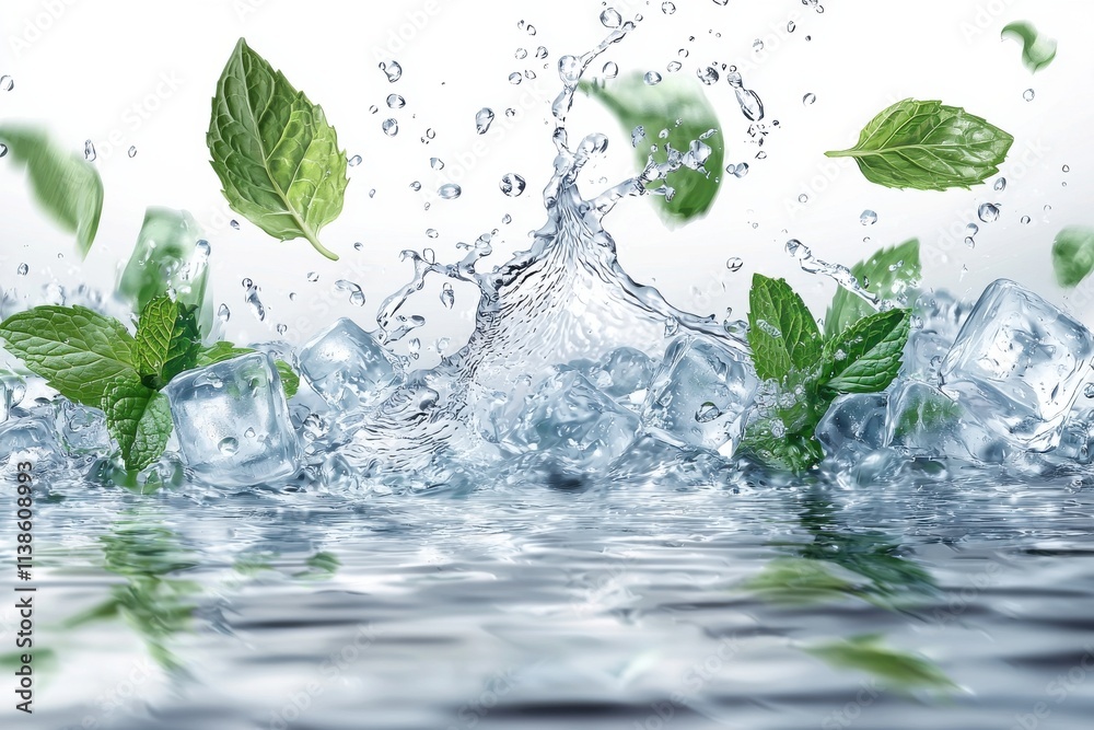 Refreshing water splash with mint leaves and ice cubes