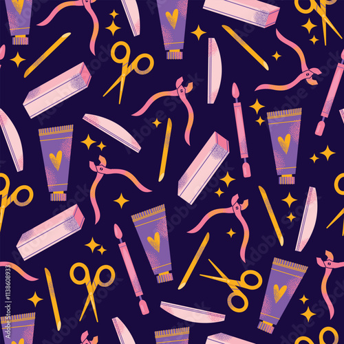 Nail care tools seamless pattern manicure accessories hands with polished nails. Colorful flat illustration of nail scissors, polish bottles, cuticle nippers, files. Nail care and beauty concept