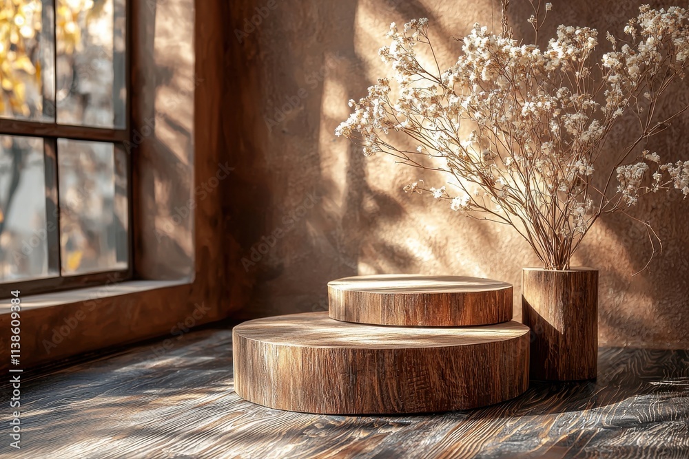 Rustic wooden podium with dried flowers for product display