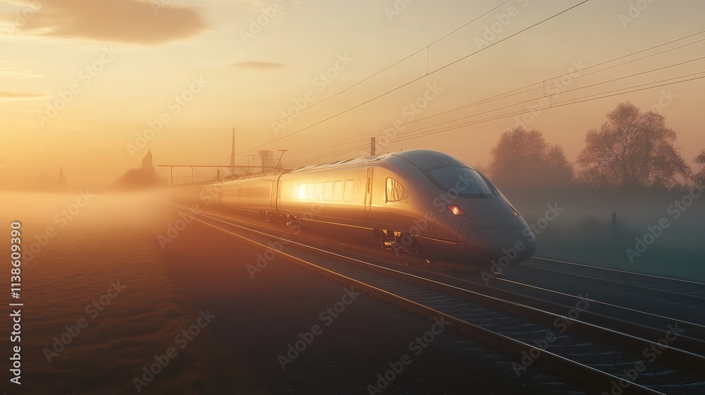 Naklejka premium A sleek high-speed train moving swiftly through a foggy countryside at sunrise, with fog swirling around the train path