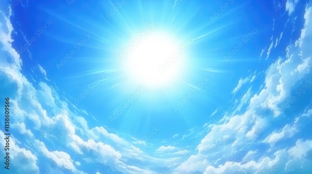 Bright Blue Sky with Radiant Sun and Fluffy White Clouds Above Horizon Bright Blue Sky with Radiant Sun and Fluffy White Clouds Above Horizon