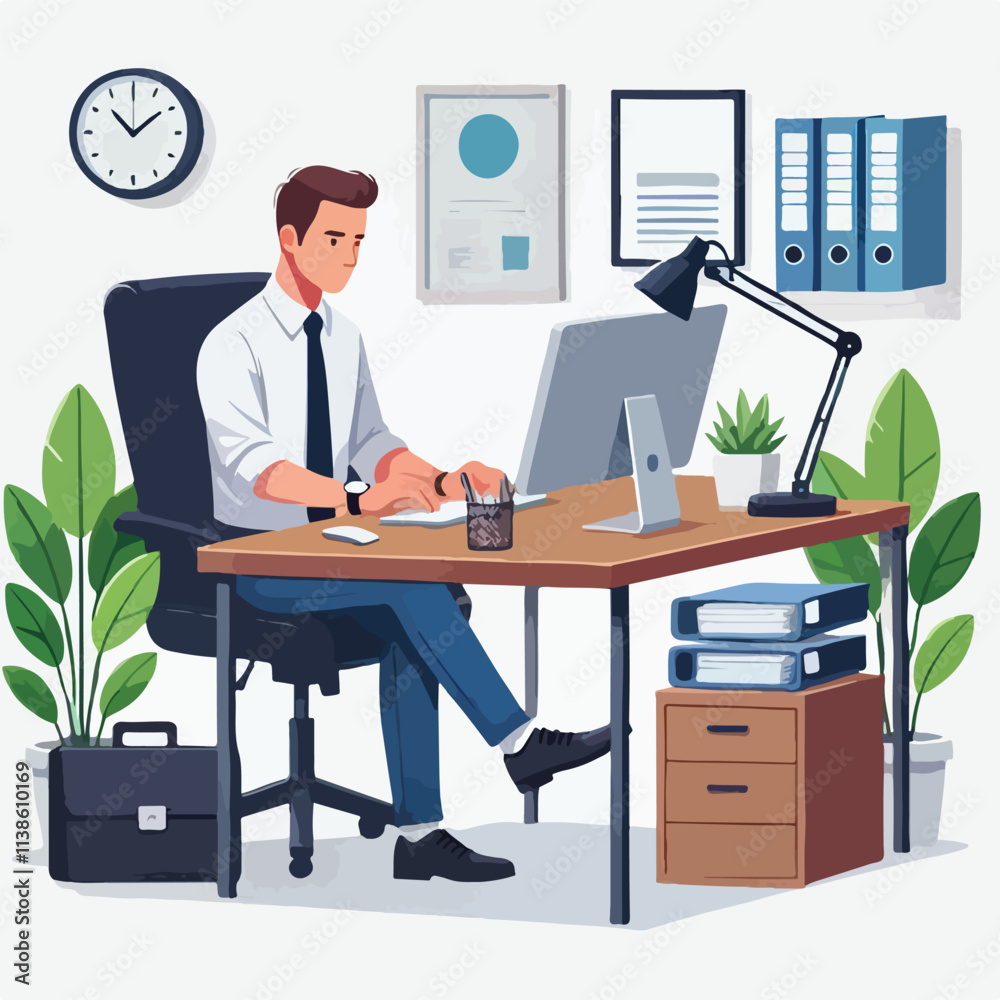 a man is using his laptop sitting on a chair looking in the laptop colourful vector on a white background a man is using his laptop sitting on a chair looking in the laptop colourful vector on a white background