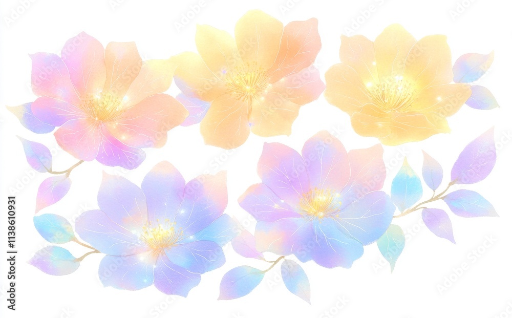 Large watercolor wildflowers, hand-drawn, stand alone on a white background in a vintage style featuring watercolor flowers and herbs.