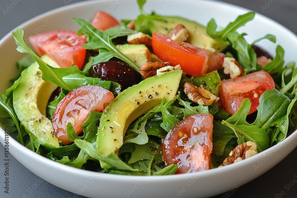 Energizing salad with greens, avocado, tomatoes, and nuts in white bowl Energizing salad with greens, avocado, tomatoes, and nuts in white bowl