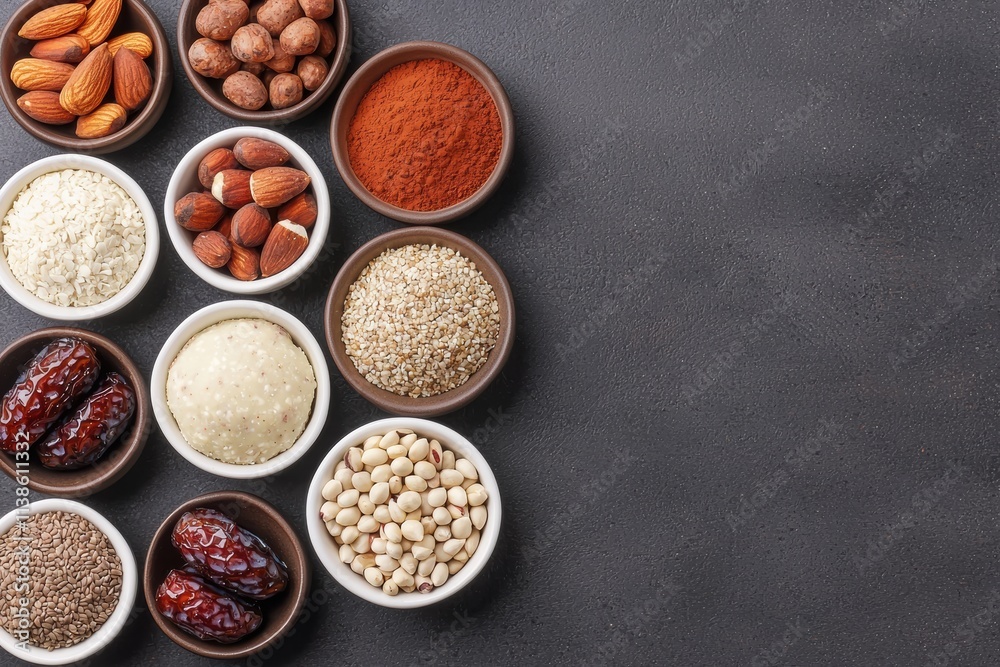Ingredients for making energy balls with dates, nuts, seeds, and cacao powder Ingredients for making energy balls with dates, nuts, seeds, and cacao powder