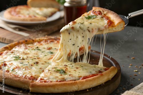 A delicious, cheesy pizza slice is being served, showcasing gooey melted cheese and fresh herbs, with a crusty base and a side of sauce.