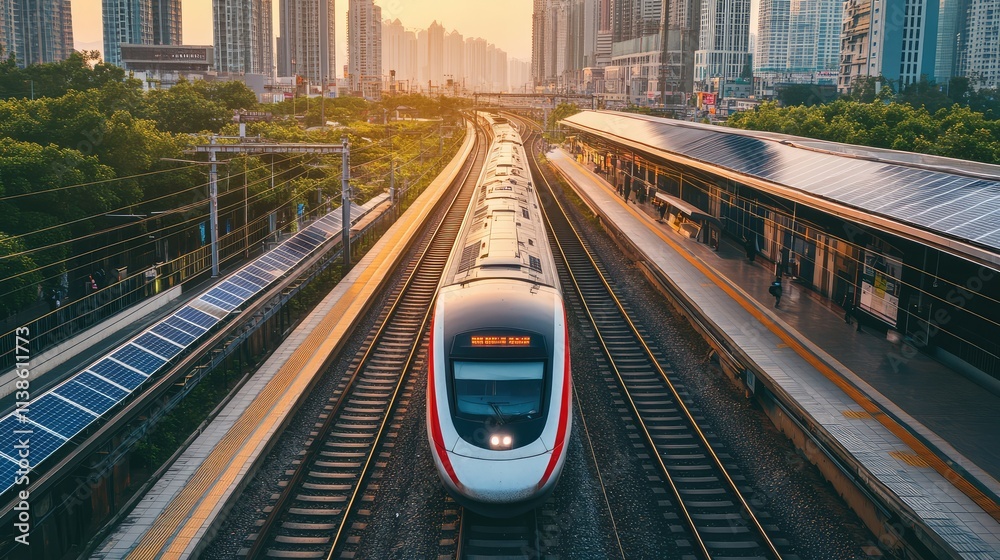 A sleek, solar-powered high-speed train speeding through a cityscape, with solar panels on the train roof and solar-powered stations along the track A sleek, solar-powered high-speed train speeding through a cityscape, with solar panels on the train roof and solar-powered stations along the track