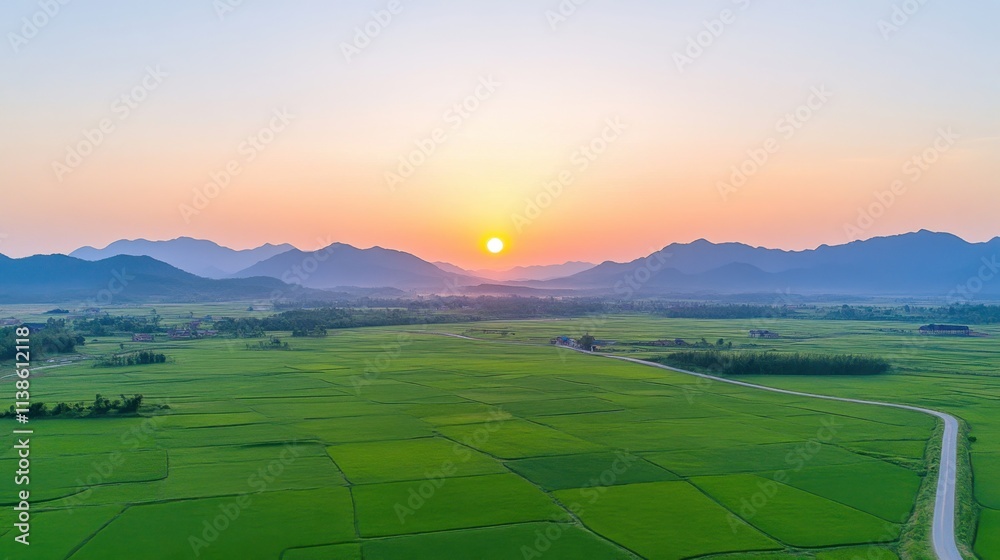 Serene Sunrise Over Lush Green Rice Fields and Majestic Mountains