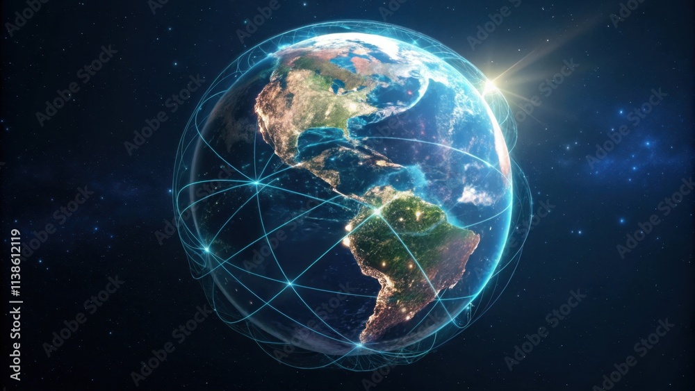 Naklejka premium Illuminated earth from space highlighting interconnected digital networks and vibrant cities, emphasizing global communication and the technological fabric of modern society
