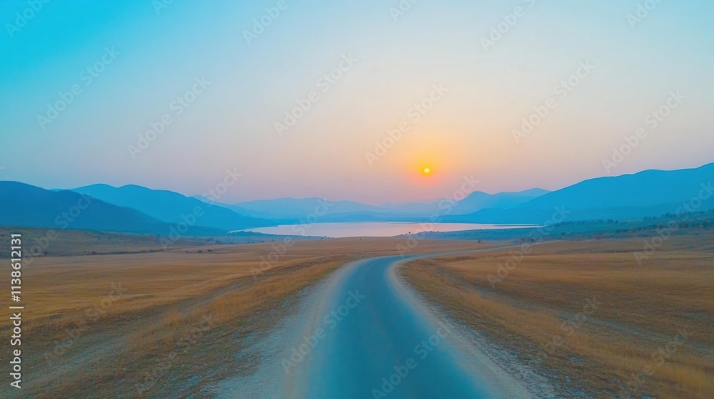Fototapeta premium Majestic Sunset Landscape Over Serene Lake with Rolling Hills and Road