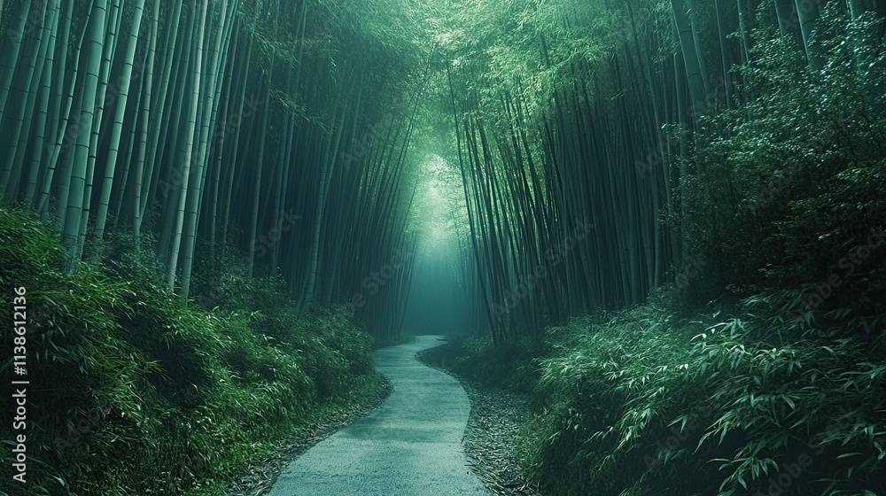 Obraz premium A winding path through a dense bamboo forest.