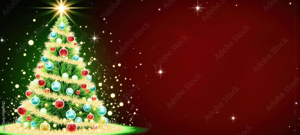 Sparkling Christmas Tree with Glowing Ornaments and Golden Star on Red Background Sparkling Christmas Tree with Glowing Ornaments and Golden Star on Red Background