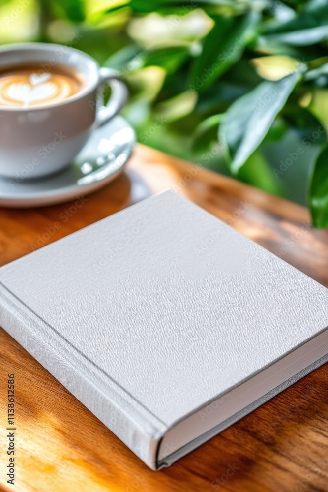Minimalist White Book on Wooden Table with Cup of Coffee and Greenery mockup with copy space Minimalist White Book on Wooden Table with Cup of Coffee and Greenery mockup with copy space