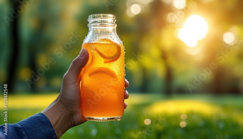 mockup Refreshing lemonade in a bottle with sunlit background photo