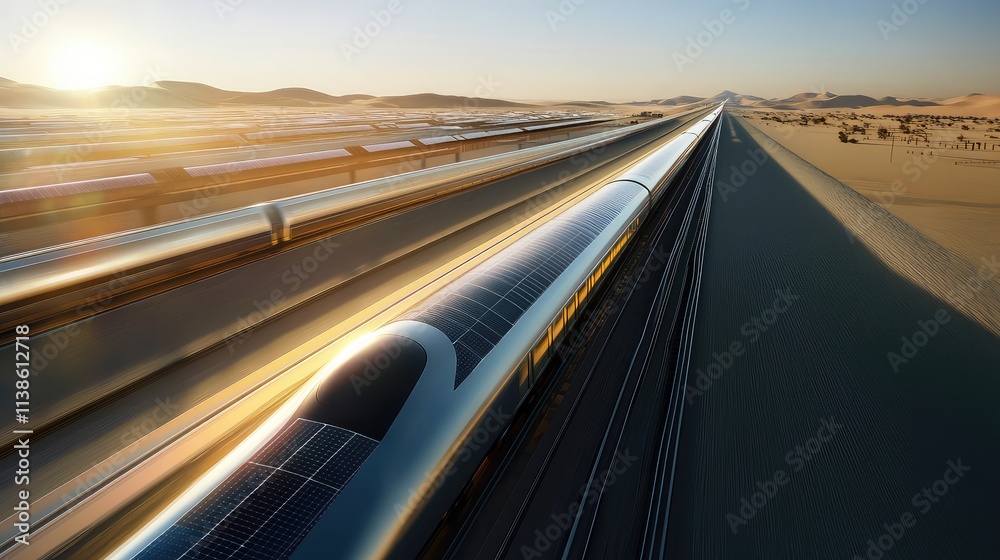Fototapeta premium A solar-powered high-speed train in motion, racing down tracks under a clear sky, with solar arrays on top providing clean energy for a sustainable journey