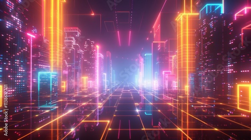 Neon-lit futuristic cityscape with glowing gridlines.