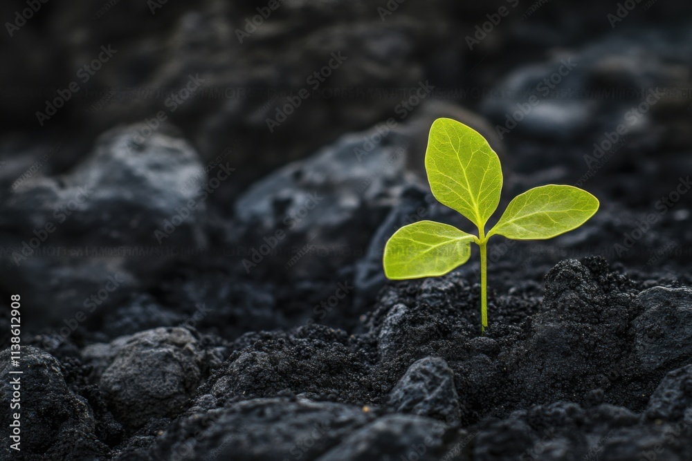 Naklejka premium Young green plant emerging from dark soil in natural setting during daytime