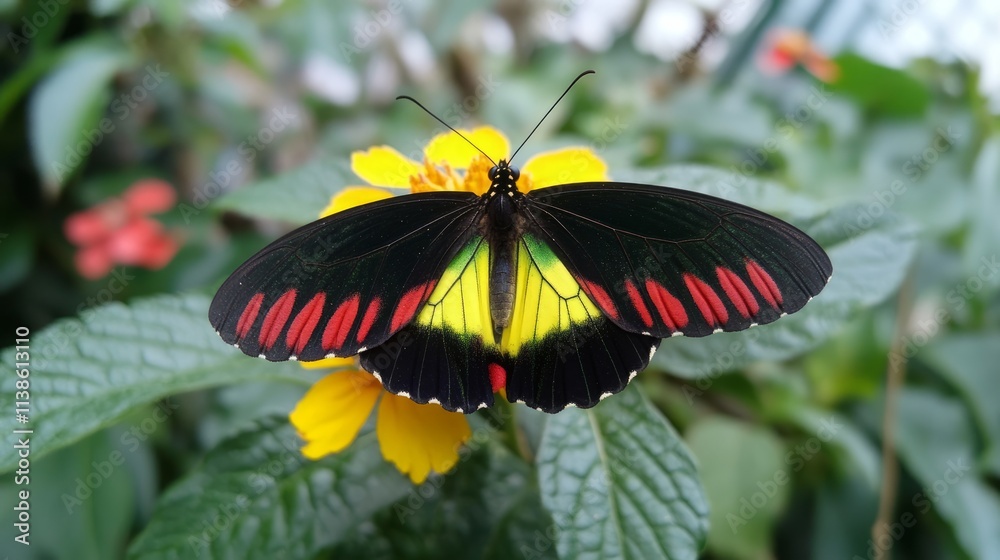 Black red yellow butterfly on yellow flowers. Black red yellow butterfly on yellow flowers.