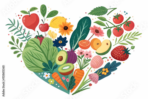 Wallpaper Mural A colorful heart-shaped arrangement of various fruits, vegetables, and flowers, symbolizing health, nature, and love for wholesome food. Torontodigital.ca