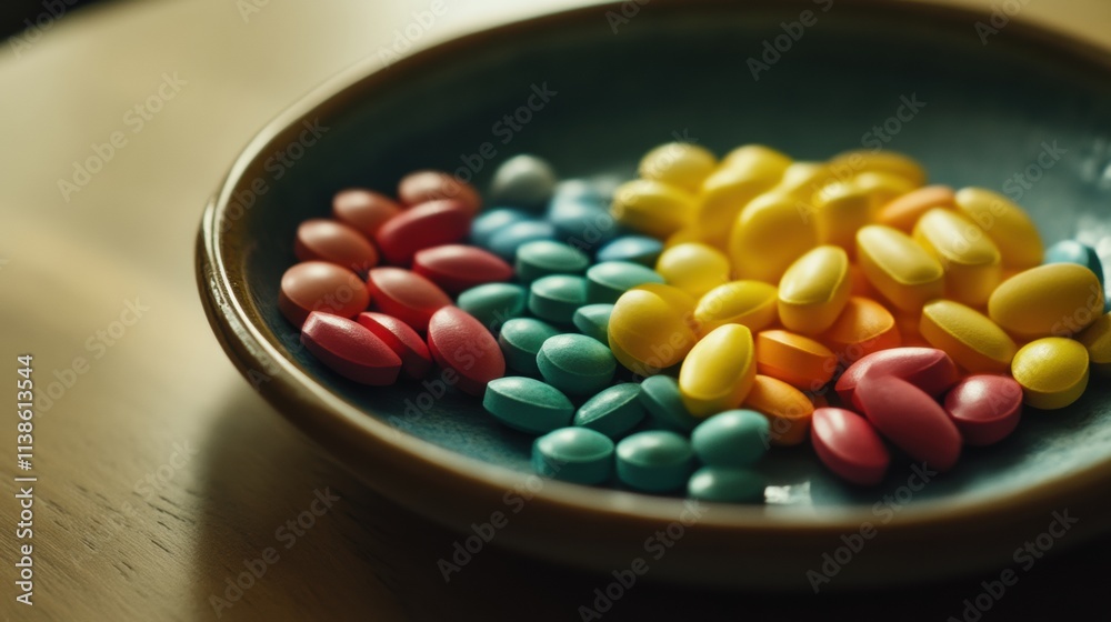 Vibrant candy in ceramic dish with copy space Vibrant candy in ceramic dish with copy space
