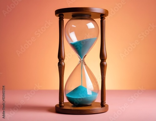 Sand running through the bulbs of an hourglass measuring the passing time in a countdown to a deadline with copy space. isolated on colorful vibrant background 