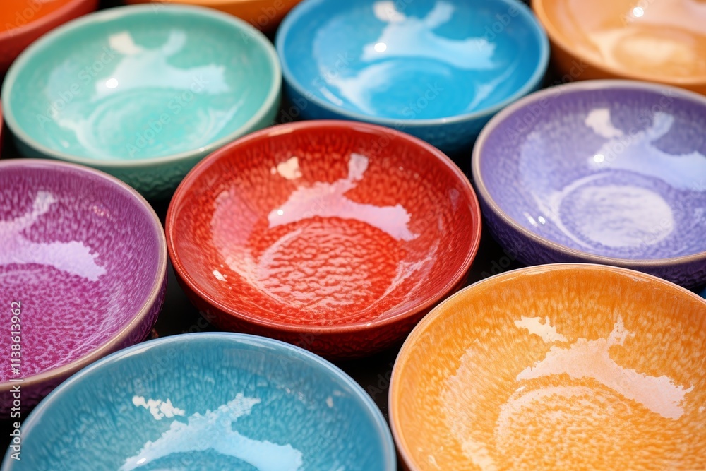 Vibrant close up of ceramic bowls arranged on a table, showcasing their unique designs and colors Vibrant close up of ceramic bowls arranged on a table, showcasing their unique designs and colors