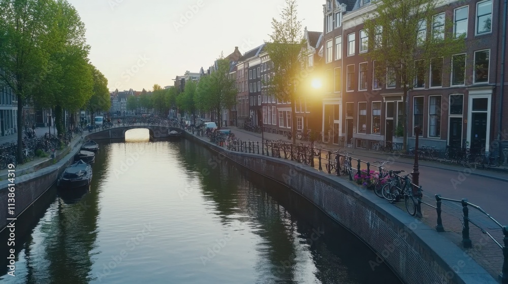 Fototapeta premium Serene Sunset View Over Canal with Charming Houses and Lush Trees