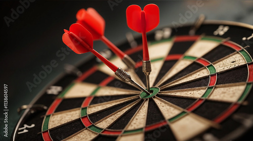 Bullseye on Dartboard with Red Darts