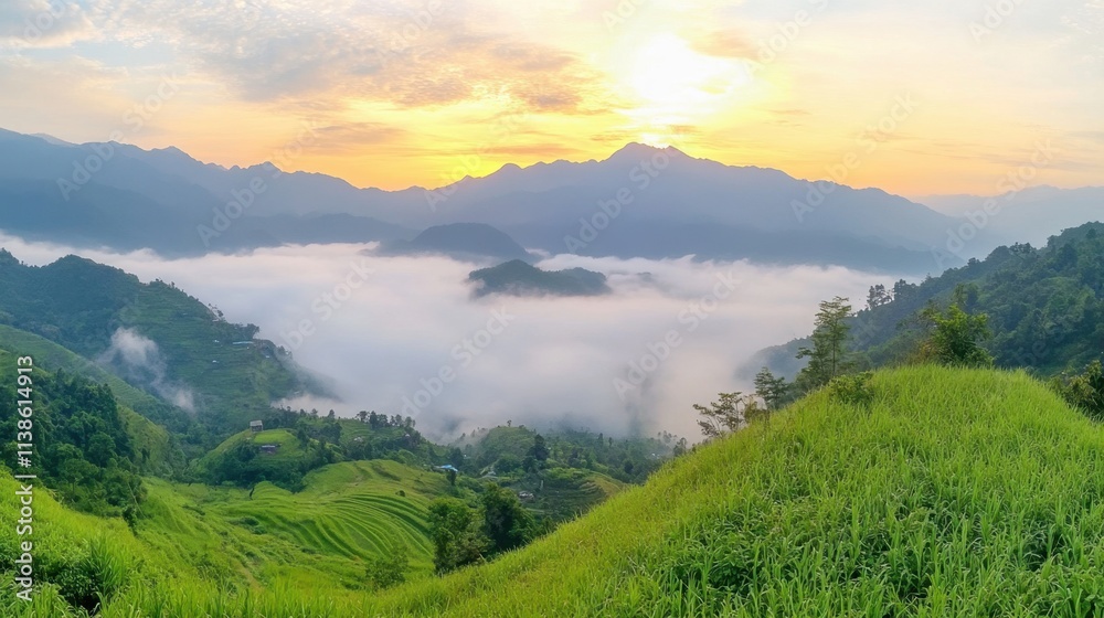 Fototapeta premium Sunrise Over Misty Mountain Landscape with Lush Green Rice Terraces