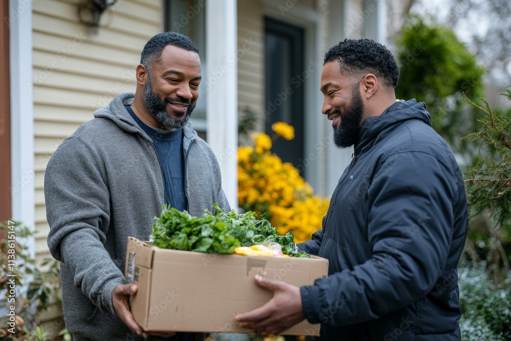Client receiving lunch box from delivery man at home, Generative AI Client receiving lunch box from delivery man at home, Generative AI