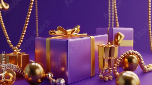 Beautiful Golden Jewelry and Gifts on Purple Background

 photo