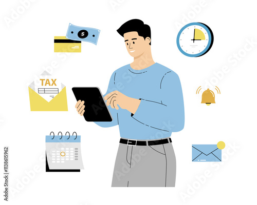 Online tax payment. Government taxation system. Man paying taxes with bank card via tablet. Electronic wallet, online transfers and transactions. Vector illustration on isolated white background.	