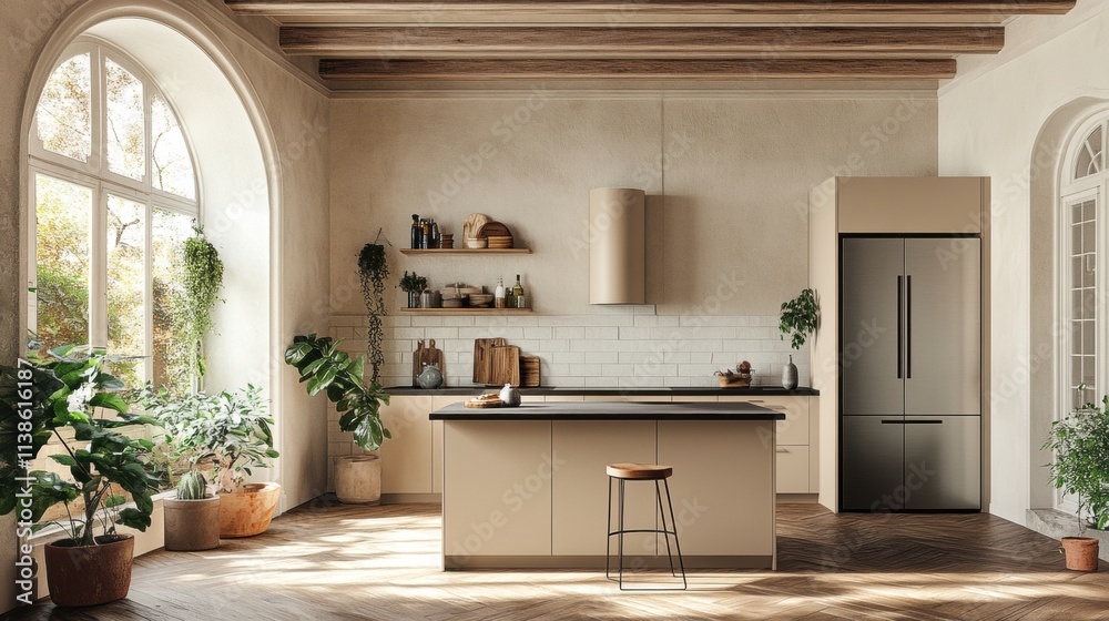 Modern Beige Kitchen Interior with Plants and Natural Light Modern Beige Kitchen Interior with Plants and Natural Light