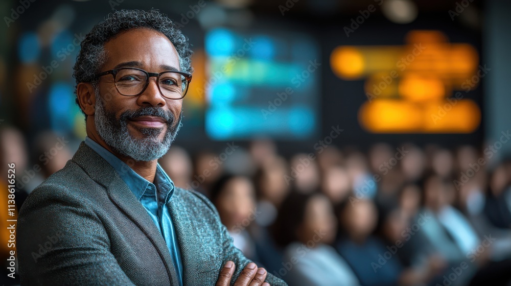 Obraz premium Confident Black man in a business setting with blurred audience.