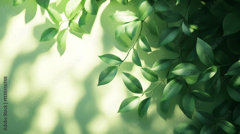 Green Leaves Cast Soft Shadows on Wall, Generative AI Green Leaves Cast Soft Shadows on Wall, Generative AI