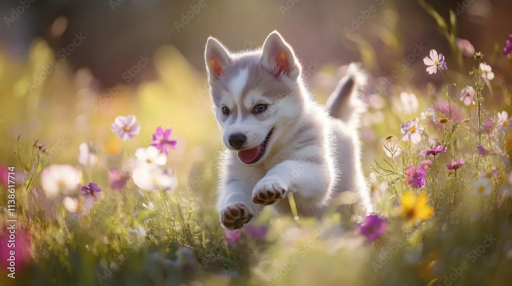 Fototapeta premium Playful Siberian Husky Puppy in Vibrant Wildflower Field
