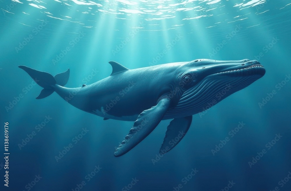 Fototapeta premium Whale is swimming in ocean. Water is blue and sun is shining on whale. Blue whale