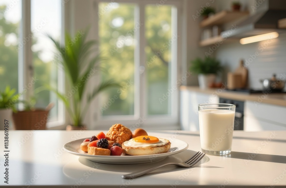 Breakfast. Plate of food and glass of milk on table. Plate has waffle, eggs, and fruit. Scene is casual and inviting, as it looks like simple breakfast meal. Breakfast. Plate of food and glass of milk on table. Plate has waffle, eggs, and fruit. Scene is casual and inviting, as it looks like simple breakfast meal.