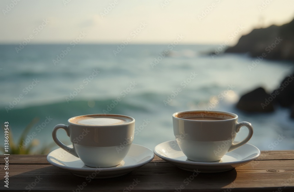 Two white cups of coffee on wooden table by ocean. Cups are filled with coffee and placed on white plate. Ocean in background. Two white cups of coffee on wooden table by ocean. Cups are filled with coffee and placed on white plate. Ocean in background.