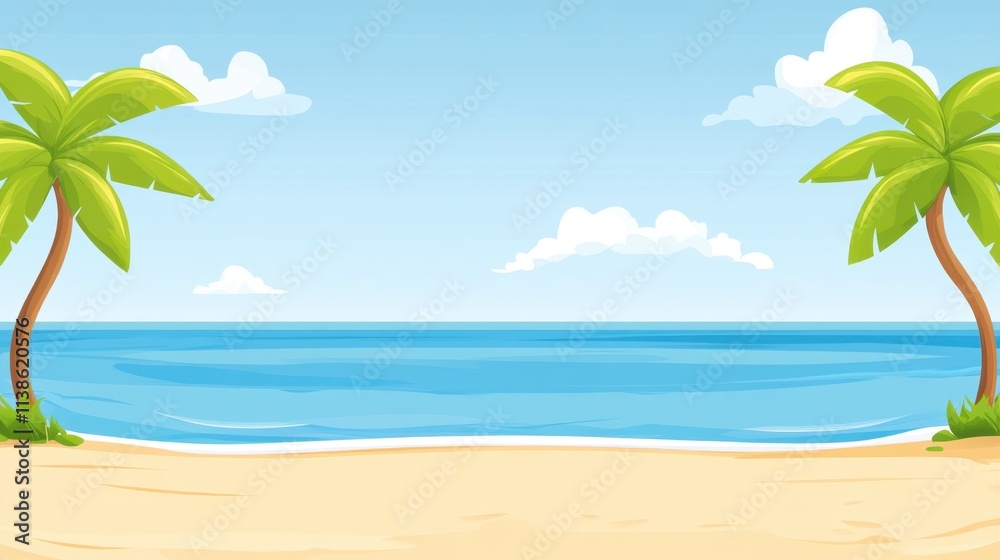 Obraz premium Tranquil Beach Scene with Palm Trees and Clear Blue Water Under a Bright Sky